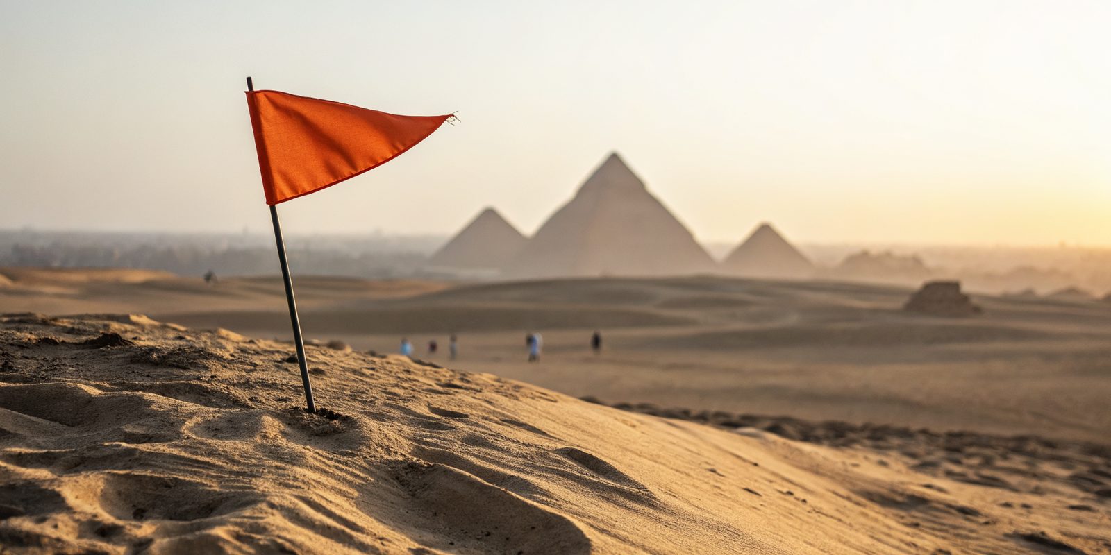Orange marker flag on a desert ridge with the Giza pyramids, symbolizing Egypt payroll compliance