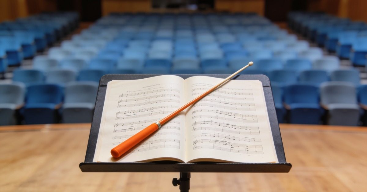 Orange conductor's baton on an open score in an empty concert hall, illustrating one accountable owner replacing many local payroll vendors