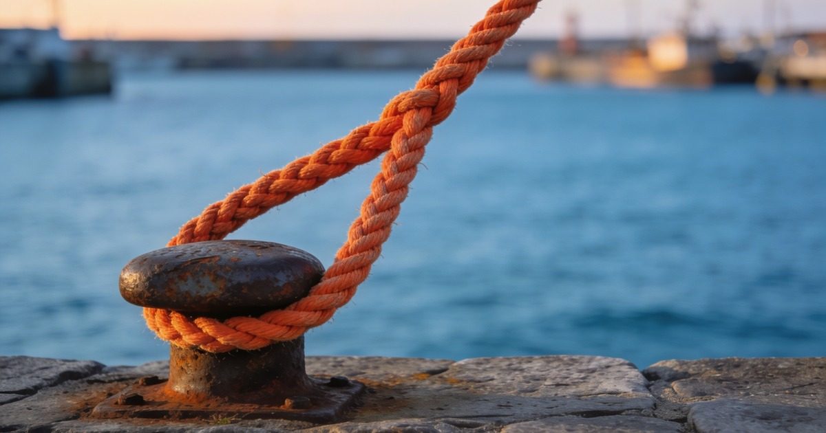 Orange mooring rope looped around a harbour bollard at dawn, illustrating binding global payroll RFP and SLA commitments