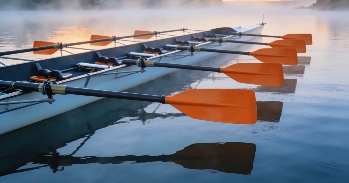 Aligned orange oars on a rowing shell representing coordinated payroll delivery
