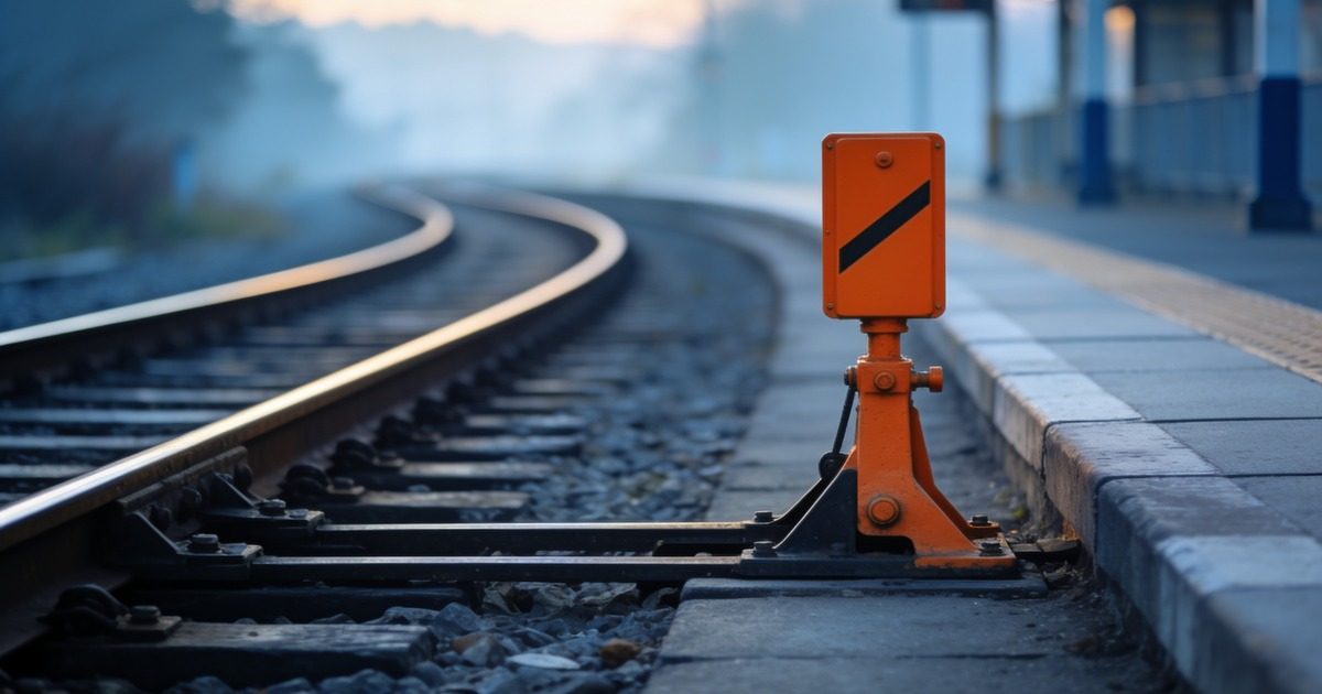 Orange railway point lever beside converging tracks at dawn, illustrating switching payroll providers without missing payday